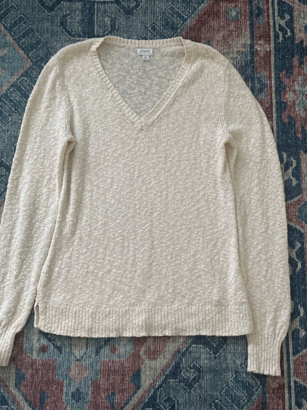 J.Crew Womens V-Neck Sweater Ivory Textured Boucle M Minimalist Capsule Neutral